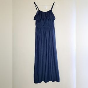 Deja Bleu Chambray Dress Womens Junior Small Blue Maxi Length Adjustable Flounce